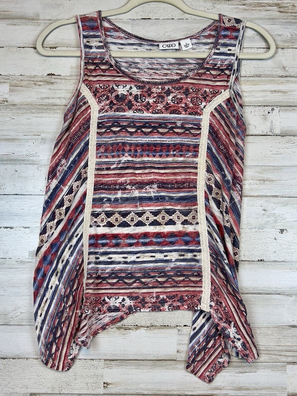 Cato Womens Small Boho Southwestern Aztec Tank Top Sharkbite Hem Multicolor